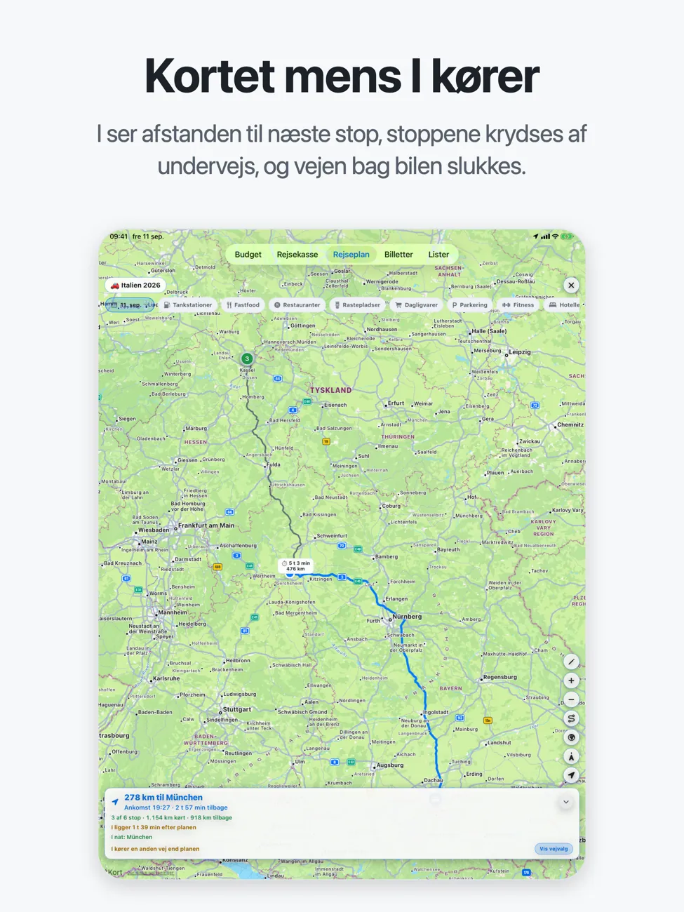 Roadtrip på iPad: kortet i fuld skærm med ruten gennem Tyskland