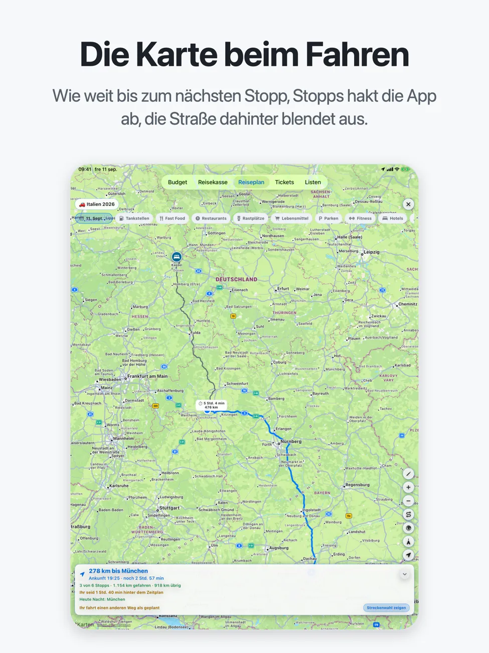 Roadtrip auf dem iPad: die Karte im Vollbild mit der Route durch Deutschland
