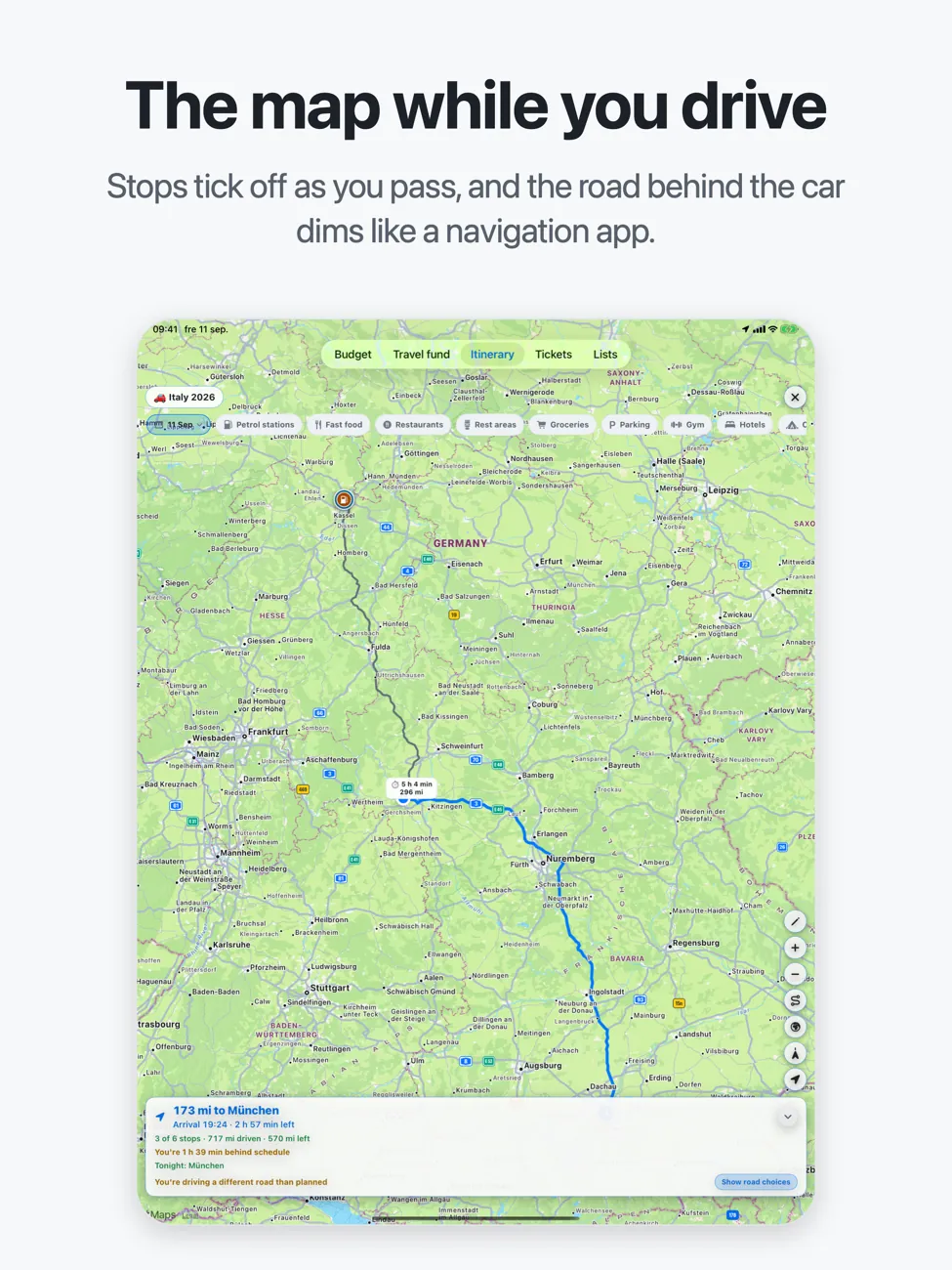 Roadtrip on iPad: the full-screen map with the route through Germany