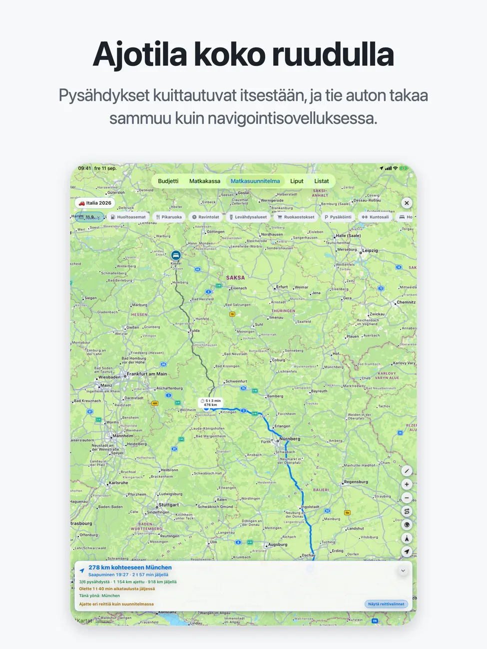 Roadtrip iPadilla: koko näytön kartta ja reitti Saksan halki