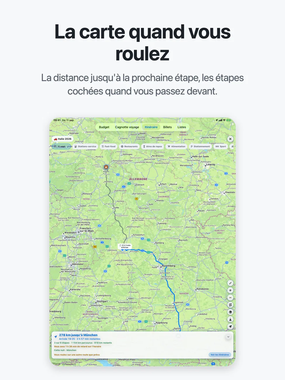 Roadtrip sur iPad : la carte en plein écran avec l'itinéraire à travers l'Allemagne