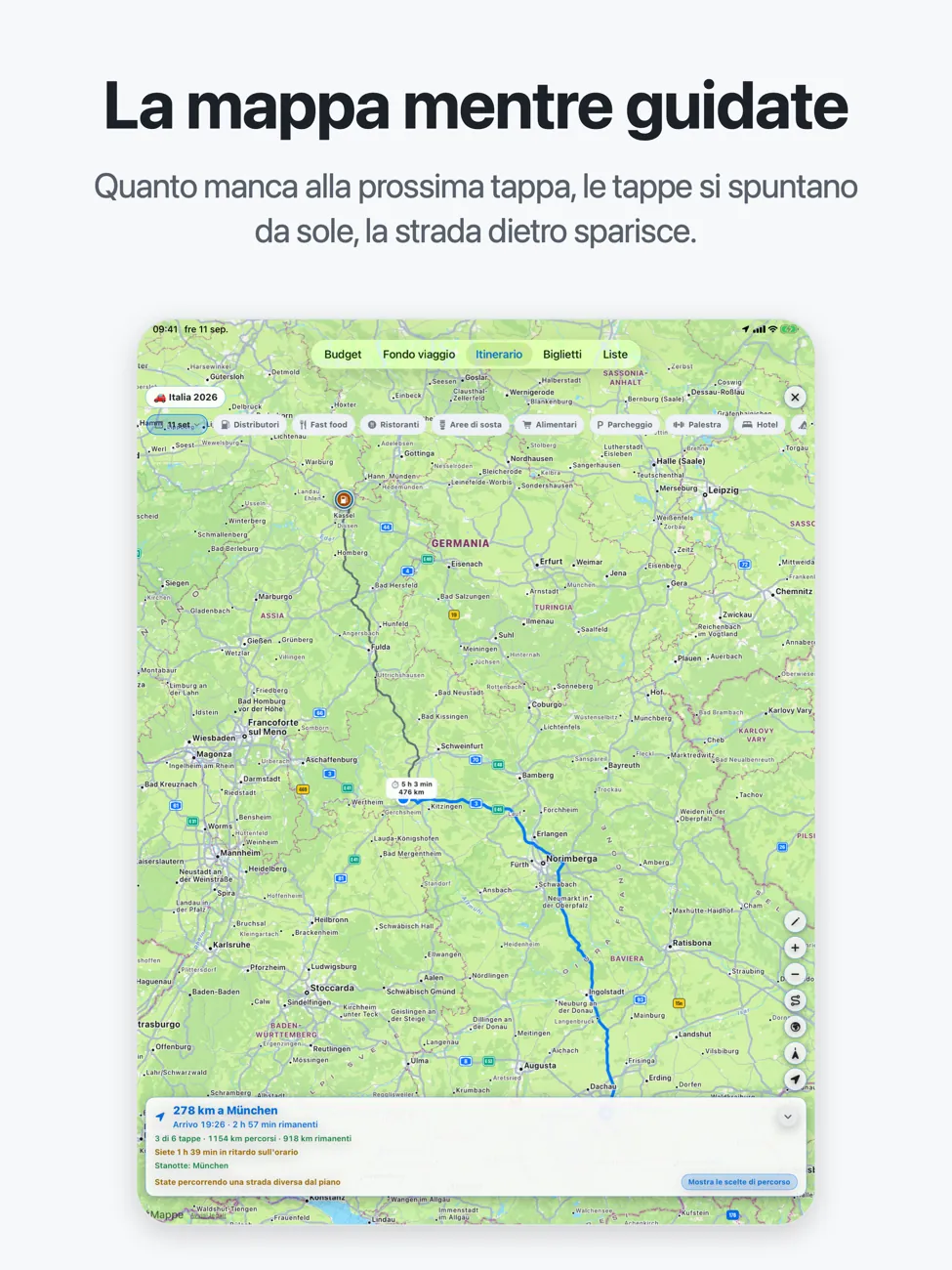 Roadtrip su iPad: la mappa a schermo intero con il percorso attraverso la Germania