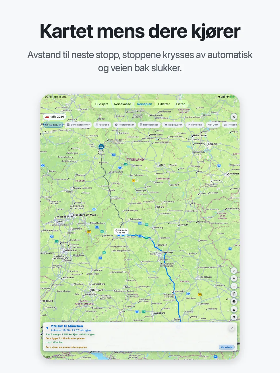 Roadtrip på iPad: kartet i fullskjerm med ruten gjennom Tyskland