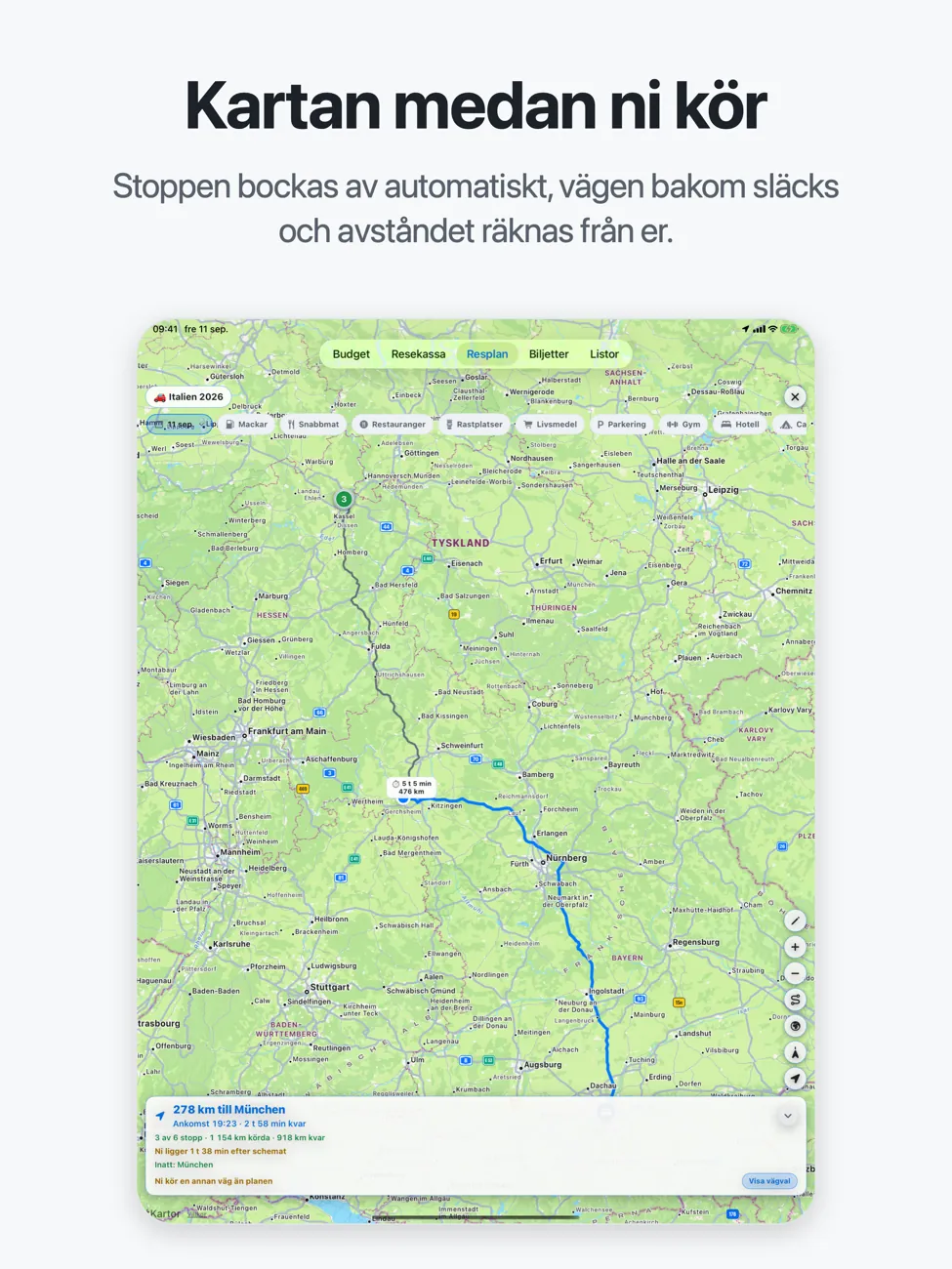 Roadtrip på iPad: kartan i helskärm med rutten genom Tyskland