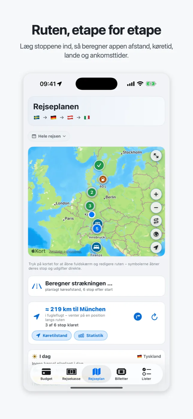 Roadtrips rejseplan: ruten på kortet med køretid, afstand og lande, etape for etape