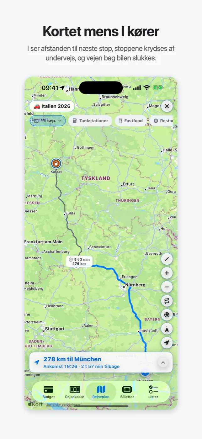 Køretilstanden i Roadtrip: kortet krydser stop af og viser afstanden til det næste