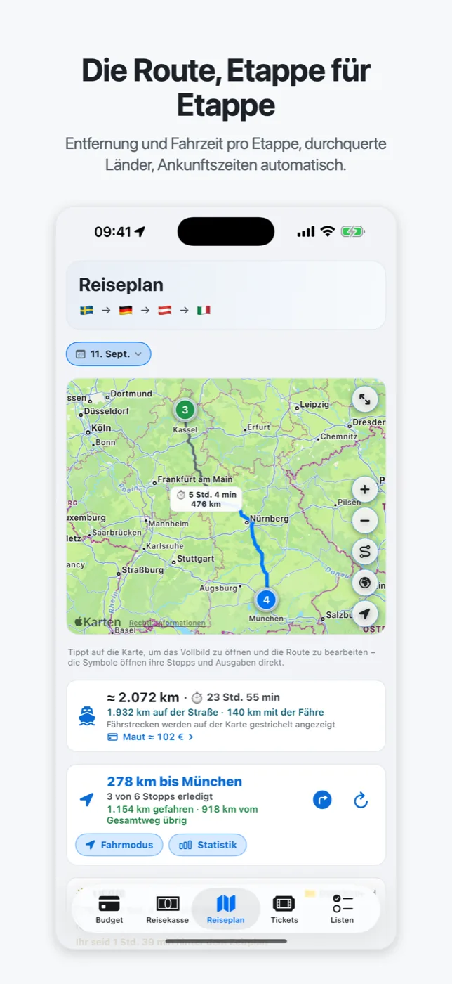 Roadtrips Reiseplan: die Route auf der Karte mit Fahrzeit, Entfernung und Ländern, Etappe für Etappe