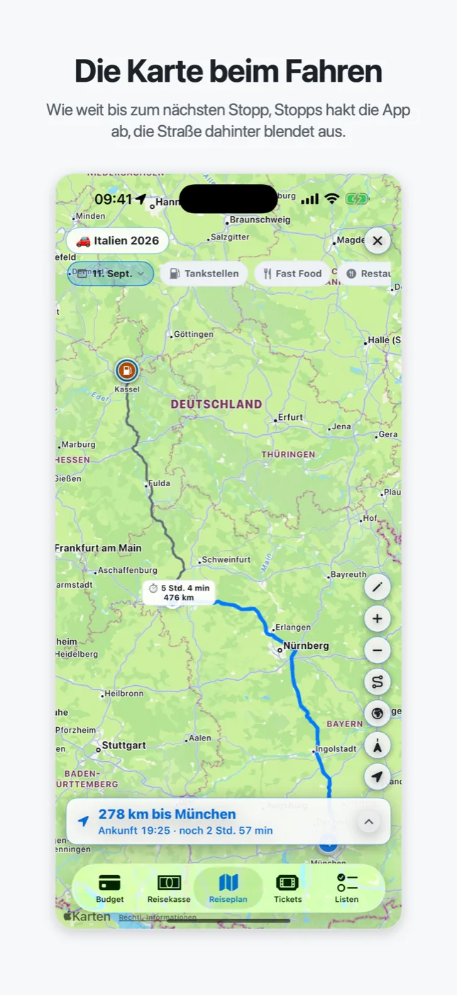 Der Fahrmodus in Roadtrip: Die Karte hakt Stopps ab und zeigt die Entfernung zum nächsten