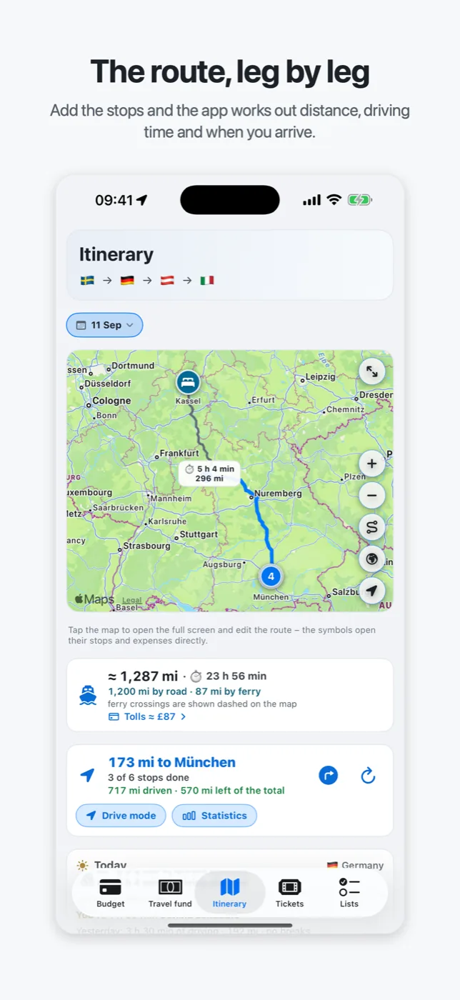 Roadtrip's itinerary: the route on the map with driving time, distance and countries leg by leg
