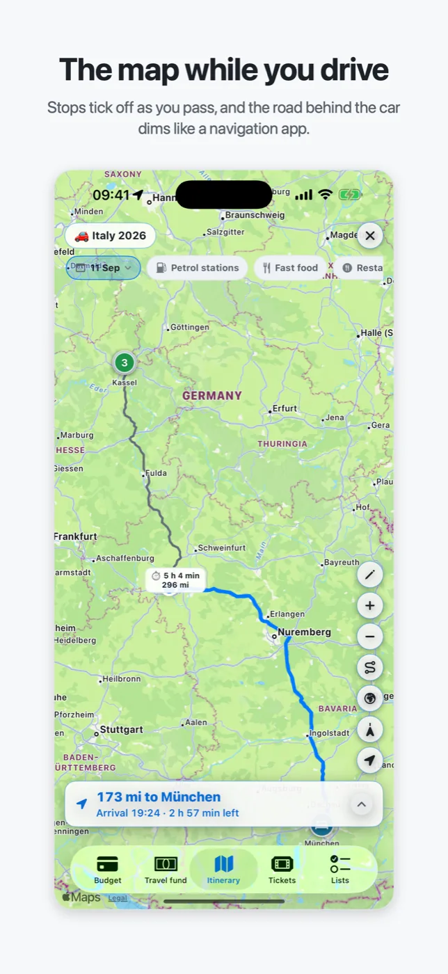 Drive mode in Roadtrip: the map ticks off stops and shows the distance to the next one