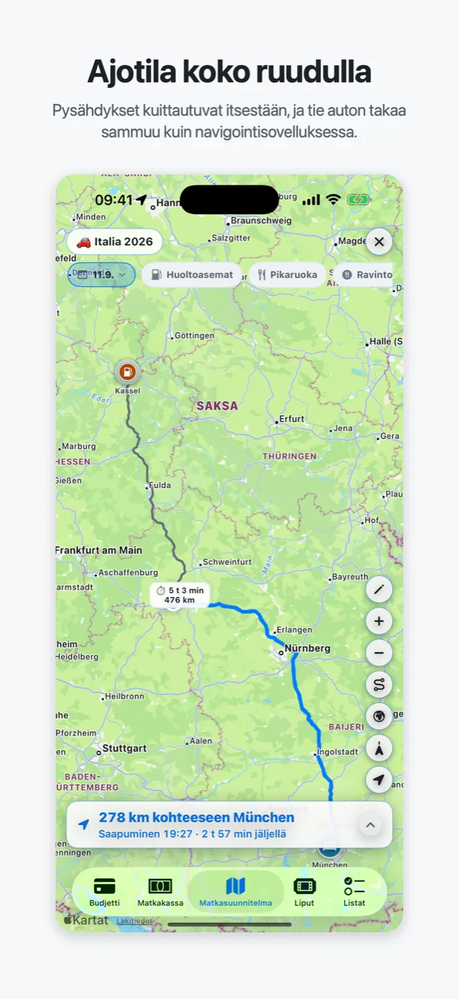 Roadtripin ajotila: kartta kuittaa pysähdykset ja näyttää etäisyyden seuraavaan