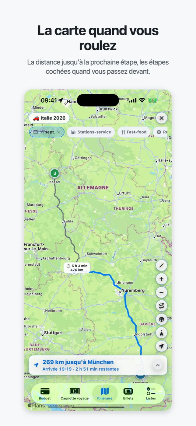 Le mode conduite de Roadtrip : la carte coche les étapes et affiche la distance jusqu'à la prochaine