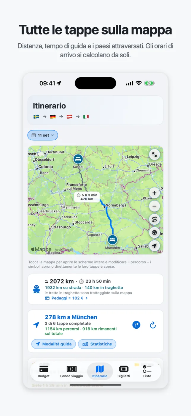 L'itinerario di Roadtrip: il percorso sulla mappa con tempi di guida, distanza e paesi, tratta per tratta