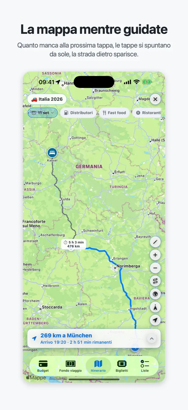 La modalità guida di Roadtrip: la mappa spunta le tappe e mostra la distanza alla prossima