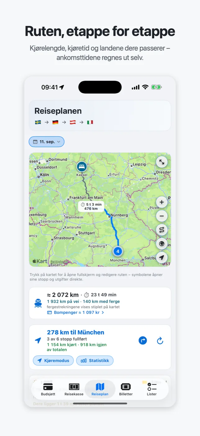 Roadtrips reiseplan: ruten på kartet med kjøretid, avstand og land, etappe for etappe