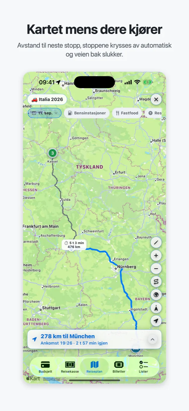 Kjøremodus i Roadtrip: kartet huker av stopp og viser avstanden til neste