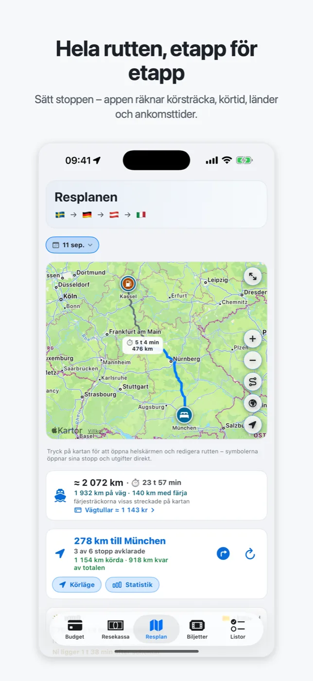 Roadtrips resplan: rutt på kartan med körtid, avstånd och länder etapp för etapp