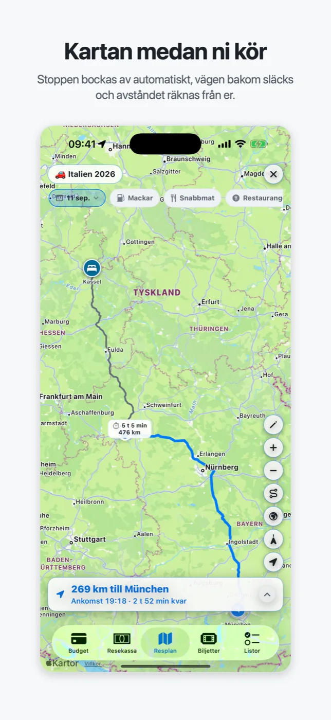 Körläget i Roadtrip: kartan bockar av stopp och visar avståndet till nästa